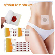 Navel slimming patch application on abdomen, with weight loss stickers and packaging for detox benefits.