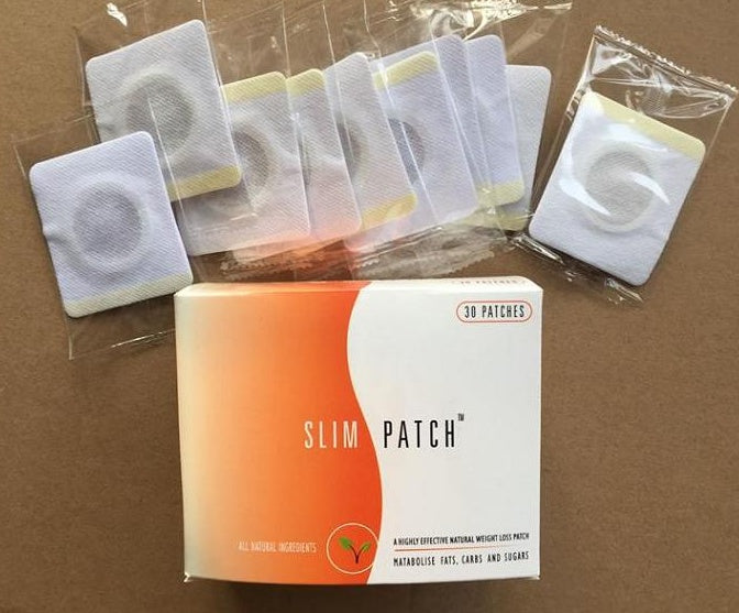 Box of Slim Patch detox stickers with individual patches displayed, designed for effective weight loss and toxin removal.