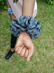 Extreme Ruffle Crochet Scrunchie with Beads – Handmade Statement Hair Tie – Puffy Oversized Scrunchy – Beaded Hair Accessory for Women