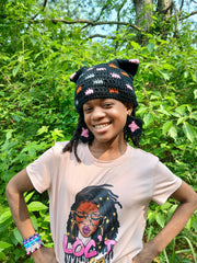 Glitch Cat Beanie with Earrings – Crochet Kitty Ear Hat & Matching Earrings – Handmade Kawaii Festival Set – Alt Streetwear Gift