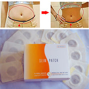 Before and after results of using Navel Slimming Patch, with packaging and detox stickers displayed.