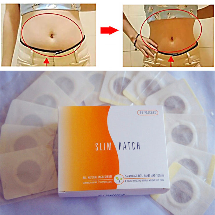 Before and after results of using Navel Slimming Patch, with packaging and detox stickers displayed.