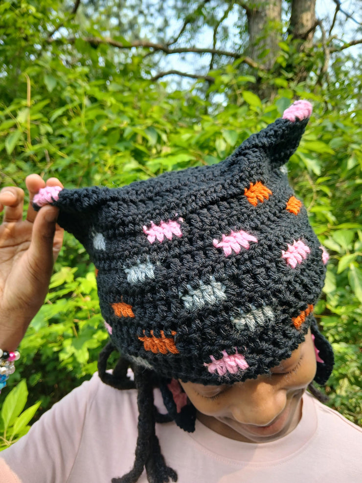 Glitch Cat Beanie with Earrings – Crochet Kitty Ear Hat & Matching Earrings – Handmade Kawaii Festival Set – Alt Streetwear Gift