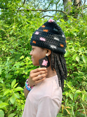 Glitch Cat Beanie with Earrings – Crochet Kitty Ear Hat & Matching Earrings – Handmade Kawaii Festival Set – Alt Streetwear Gift