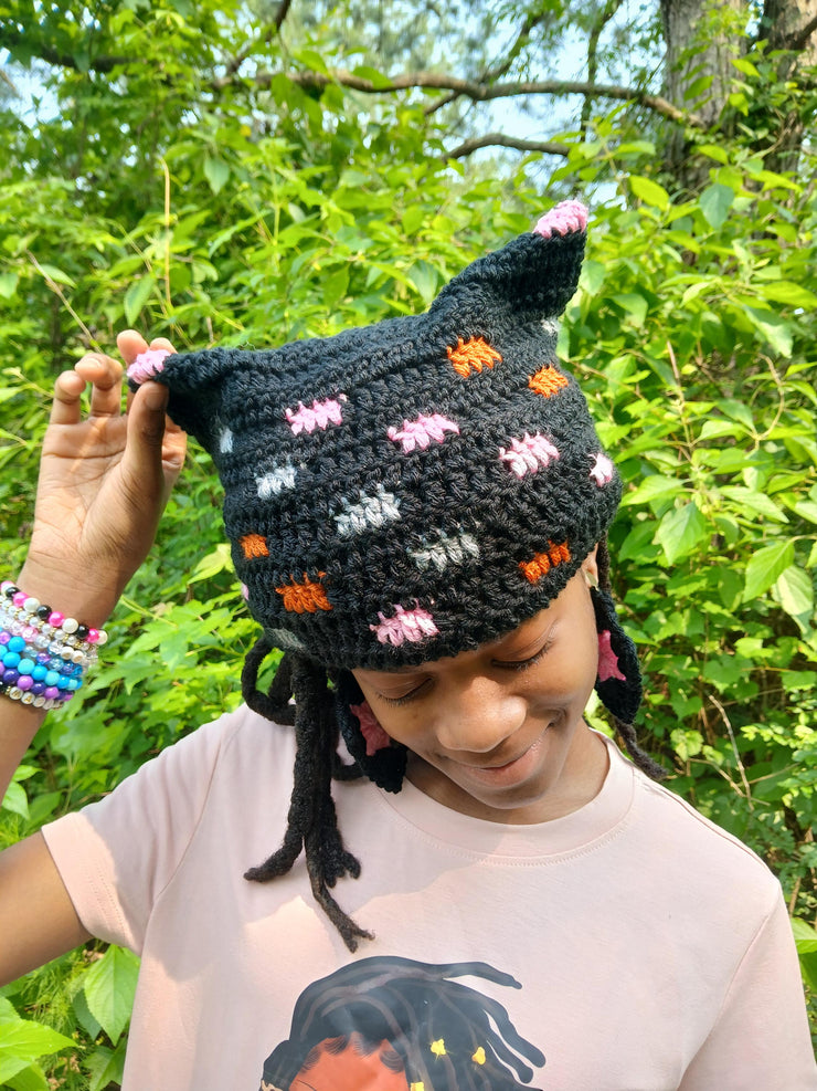 Glitch Cat Beanie with Earrings – Crochet Kitty Ear Hat & Matching Earrings – Handmade Kawaii Festival Set – Alt Streetwear Gift