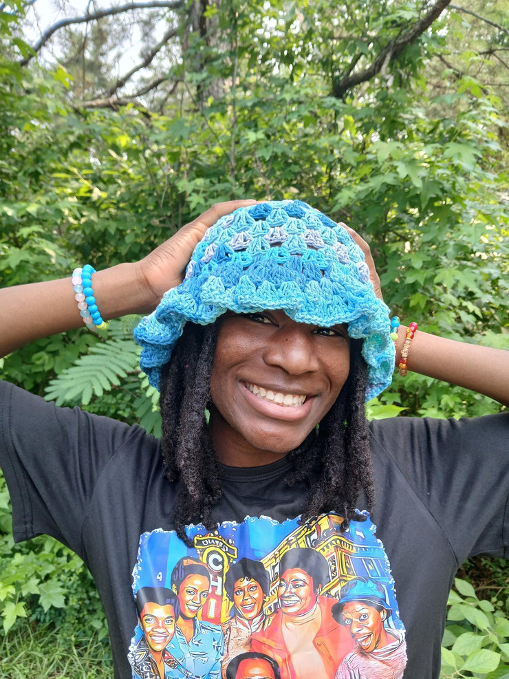 Granny Stitch Ruffle Hat – Crochet Crinkle Ruffle Bucket Hat – Handmade Colorful Summer Hat – Boho Festival Accessory for Her