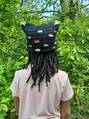 Glitch Cat Beanie with Earrings – Crochet Kitty Ear Hat & Matching Earrings – Handmade Kawaii Festival Set – Alt Streetwear Gift