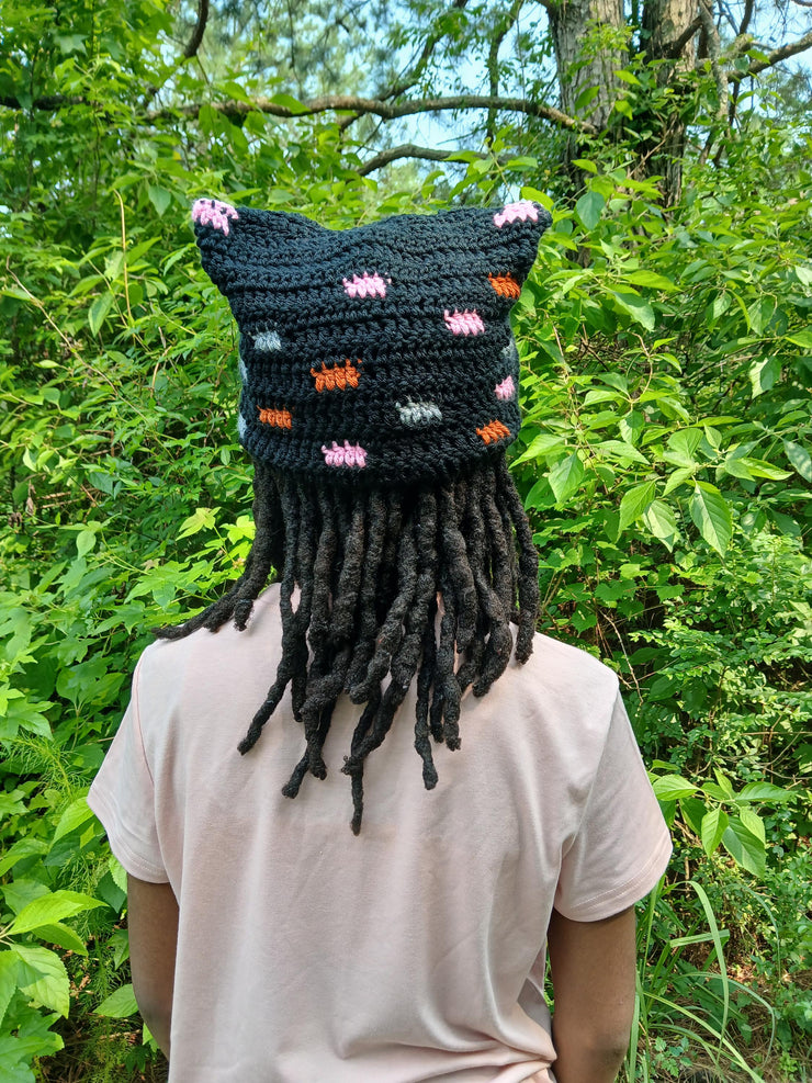 Glitch Cat Beanie with Earrings – Crochet Kitty Ear Hat & Matching Earrings – Handmade Kawaii Festival Set – Alt Streetwear Gift