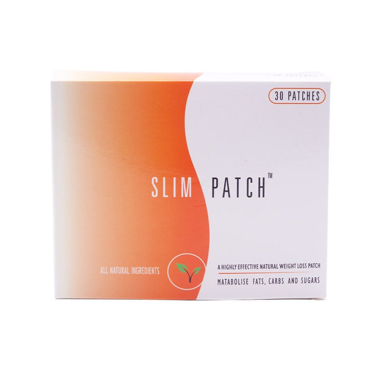 Slim Patch weight loss patches box containing 30 natural ingredients for metabolizing fats and sugars.