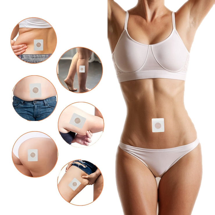 Navel slim patch application on abdomen and legs, promoting detox and weight loss with magnetic technology.