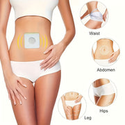 Woman applying detox slimming patch on abdomen; highlights waist, hips, and leg applications for weight loss.