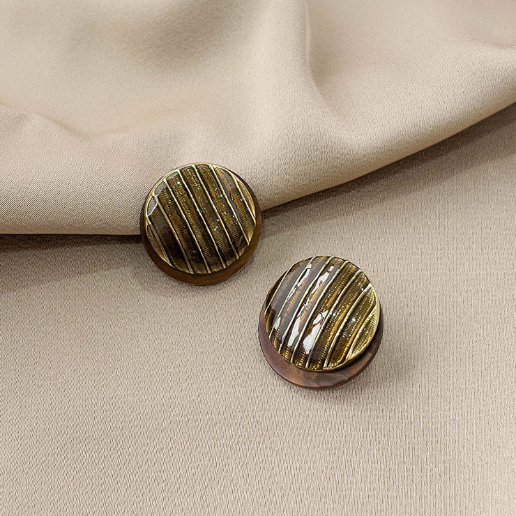 New Korean Style Flat Button Round Striped Bag Buckle Earrings
