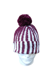 MSU Bulldog Inspired Maroon & White Crochet Beanie – Handmade Pom Pom Hat