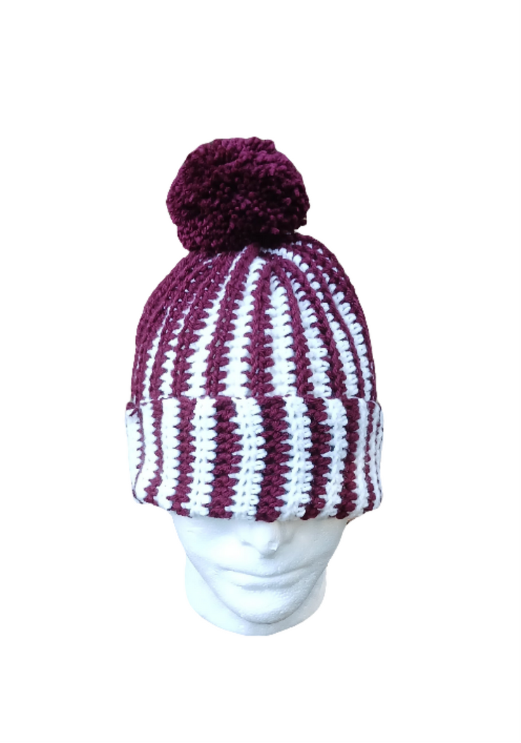 MSU Bulldog Inspired Maroon & White Crochet Beanie – Handmade Pom Pom Hat