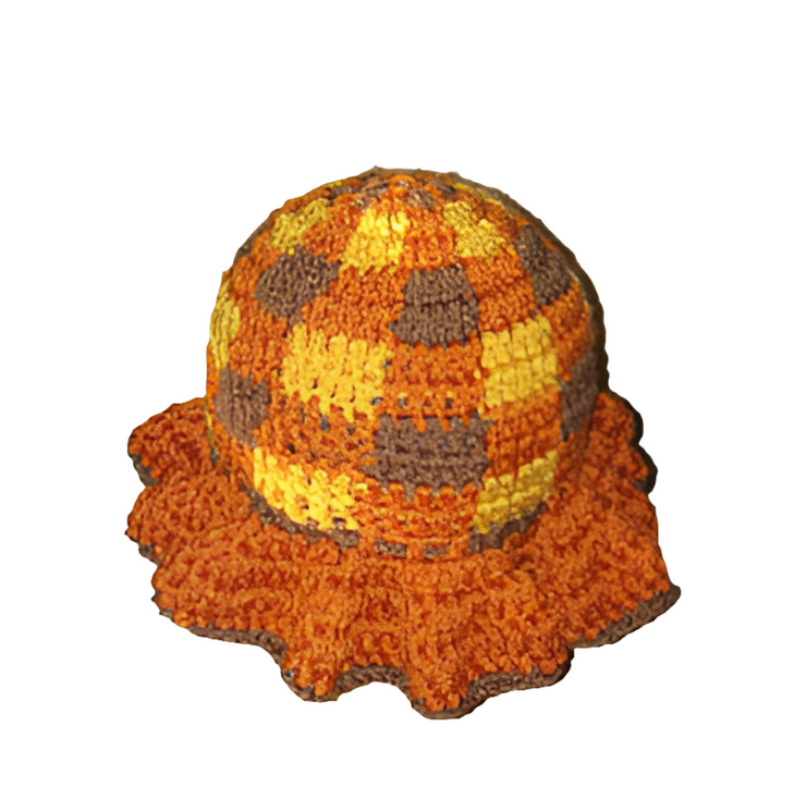 Handcrafted Crochet Hat with Ruffled Brim – Autumn Checkered Style