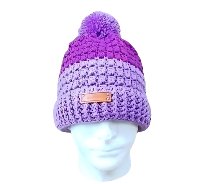 Plum Pop Crochet Beanie – Handmade Two-Tone Purple Hat with Pom Pom