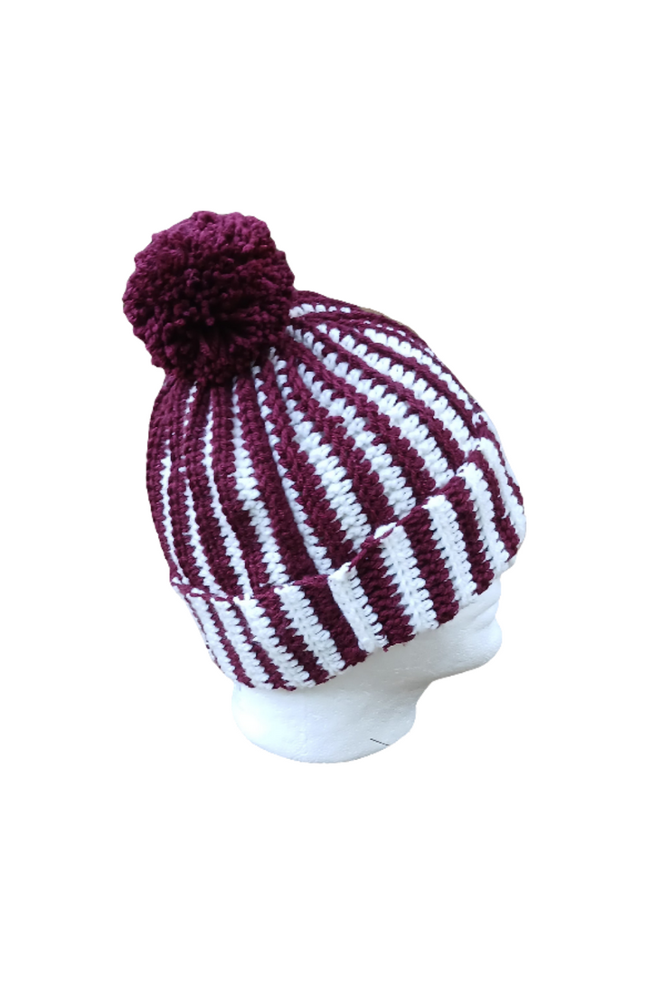 MSU Bulldog Inspired Maroon & White Crochet Beanie – Handmade Pom Pom Hat