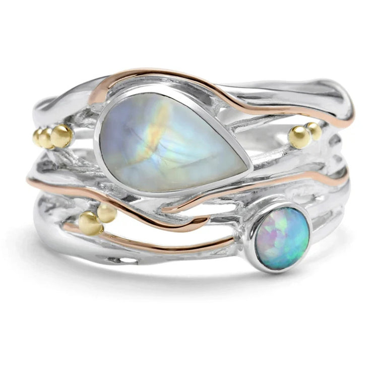 Creative Retro Moonstone Winding Wide Surface Hollow Ring Bohemian
