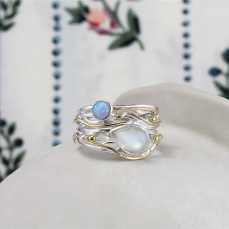 Creative Retro Moonstone Winding Wide Surface Hollow Ring Bohemian