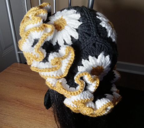 Handcrafted Granny Square Daisy Hat, Crochet Hat, Ruffle Hat, Matching Set Earrings, Fashion Accessories, Gift to Her