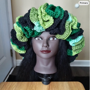 Handmade Granny Square Ruffle Hat, Crochet Hat, Black and Green Hat, Unique Beanie, Fashion Accessory, Gift to Her
