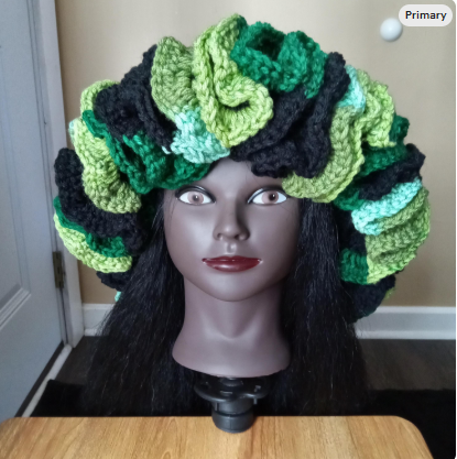 Handmade Granny Square Ruffle Hat, Crochet Hat, Black and Green Hat, Unique Beanie, Fashion Accessory, Gift to Her