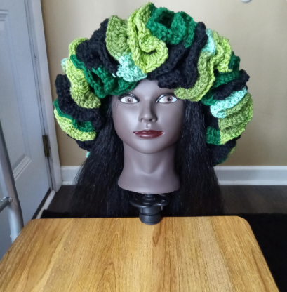 Handmade Granny Square Ruffle Hat, Crochet Hat, Black and Green Hat, Unique Beanie, Fashion Accessory, Gift to Her