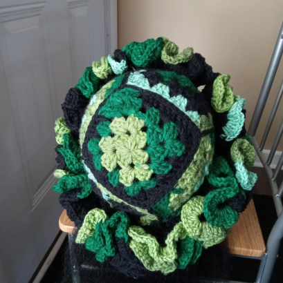 Handmade Granny Square Ruffle Hat, Crochet Hat, Black and Green Hat, Unique Beanie, Fashion Accessory, Gift to Her