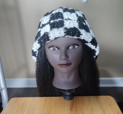 Hand-Crocheted Black and White Checkered Beanie - Cozy and Stylish Winter Hat