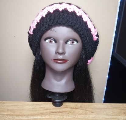 Crocheted Slouchy/Loc Soc Hat Beanie Pink and Black, Matching Earrings, Striped Beanie, Handmade Gifts, Crochet Earrings, Gift To Her