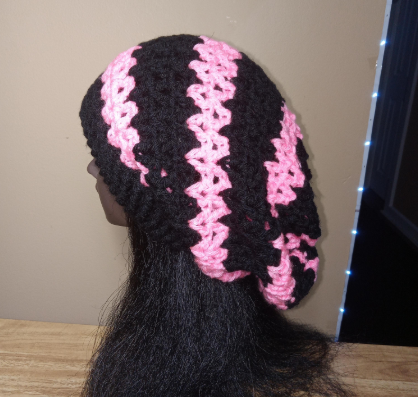 Crocheted Slouchy/Loc Soc Hat Beanie Pink and Black, Matching Earrings, Striped Beanie, Handmade Gifts, Crochet Earrings, Gift To Her