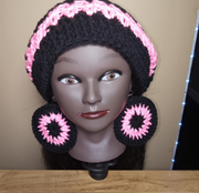 Crocheted Slouchy/Loc Soc Hat Beanie Pink and Black, Matching Earrings, Striped Beanie, Handmade Gifts, Crochet Earrings, Gift To Her