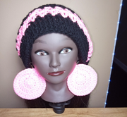 Crocheted Slouchy/Loc Soc Hat Beanie Pink and Black, Matching Earrings, Striped Beanie, Handmade Gifts, Crochet Earrings, Gift To Her