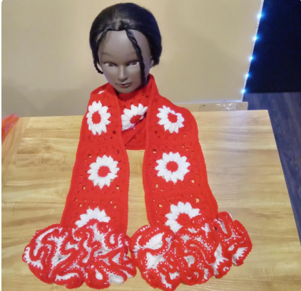 Handcrafted Granny Square Midi Length Scarf, Crochet Scarf, Boho Scarf, Vintage Style Hat, Unique Gift, Winter Fashion
