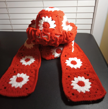 Handcrafted Granny Square Midi Length Scarf, Crochet Scarf, Boho Scarf, Vintage Style Hat, Unique Gift, Winter Fashion