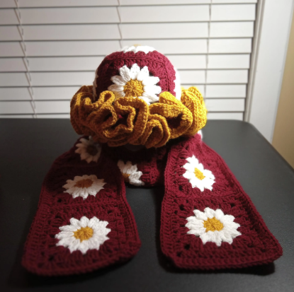 Handcrafted Granny Square Midi Length Scarf, Crochet Scarf, Boho Scarf, Vintage Style Hat, Unique Gift, Winter Fashion