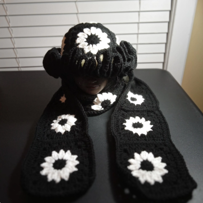 Handcrafted Granny Square Midi Length Scarf, Crochet Scarf, Boho Scarf, Vintage Style Hat, Unique Gift, Winter Fashion