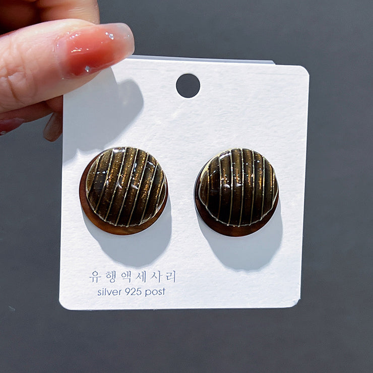 New Korean Style Flat Button Round Striped Bag Buckle Earrings