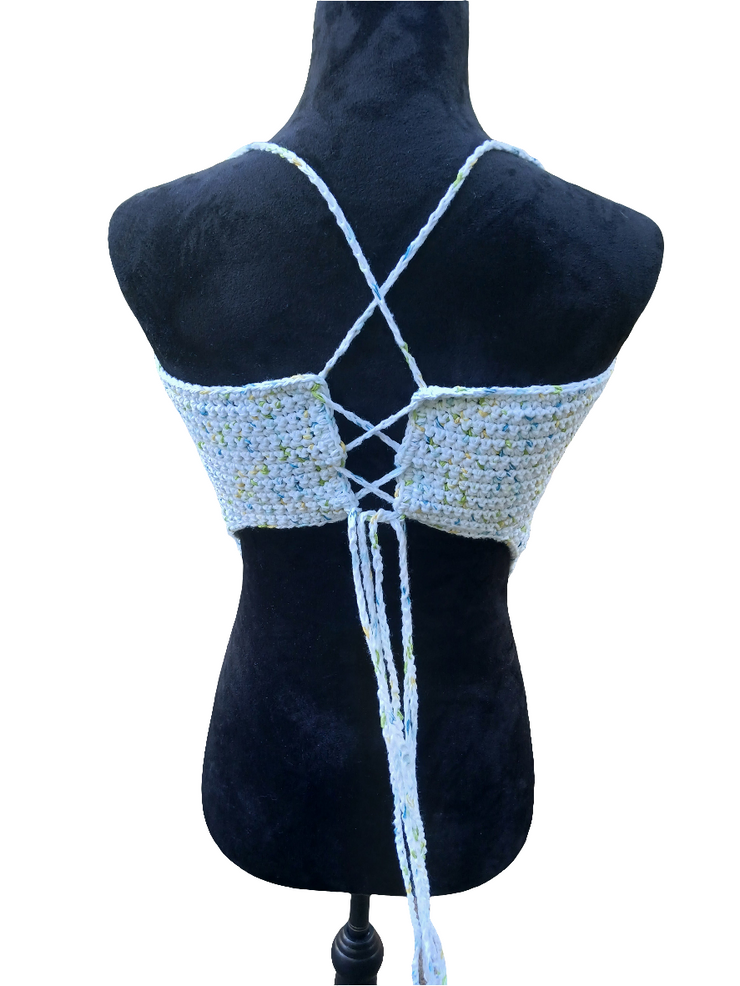 Ocean Mist Crochet Bandana Top – Handmade Adjustable Backless Halter for Summer, Festival & Beachwear