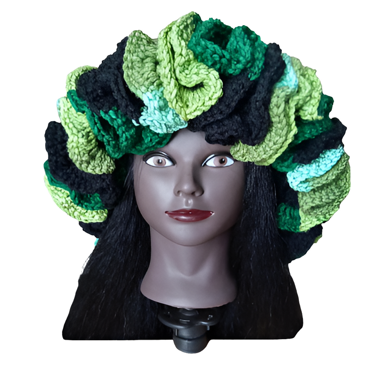 Handmade Granny Square Ruffle Hat, Crochet Hat, Black and Green Hat, Unique Beanie, Fashion Accessory, Gift to Her