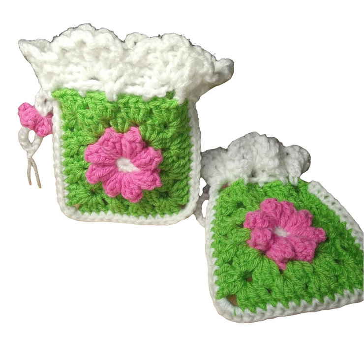 Handmade Crochet Granny Square Flower Drawstring Pouch, Granny Square Bag, Crochet Purse, Granny Square Pouch