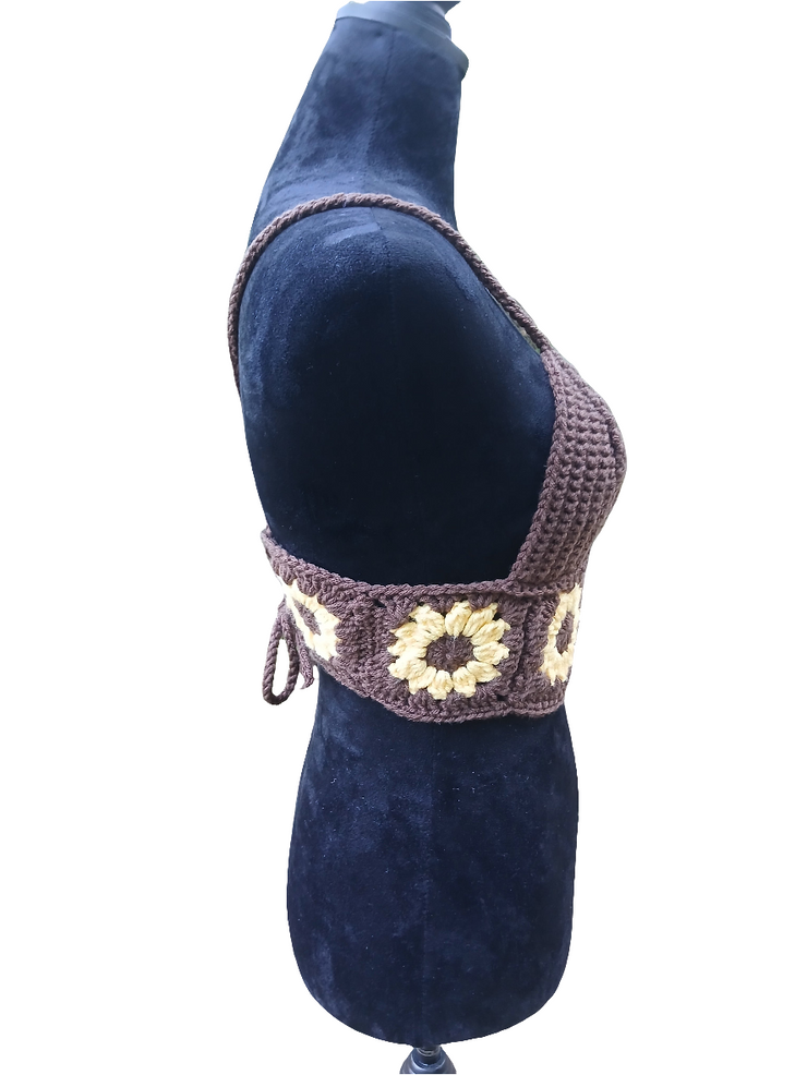 Brown Sugar Sunflower Crochet Top – Handmade Crop Tank with Granny Square Sunflower Design