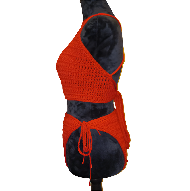 Red Ember Halter Duo – Handmade Crochet Crop Top & Tie Bottoms, Boho Festival Swimwear, Scarlet Beach Set