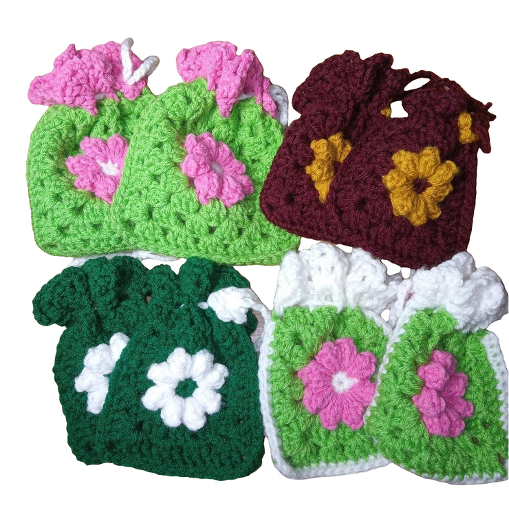 Handmade Crochet Granny Square Flower Drawstring Pouch, Granny Square Bag, Crochet Purse, Granny Square Pouch