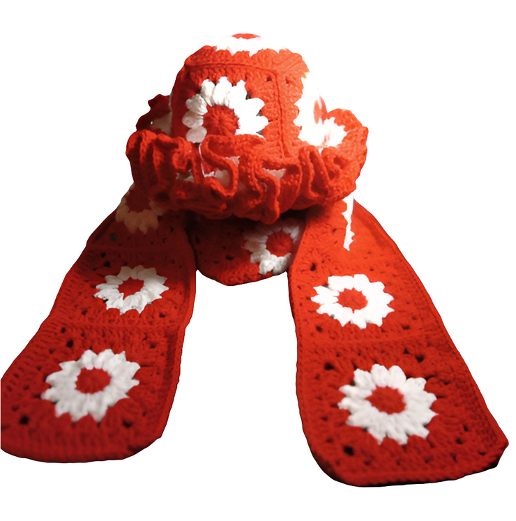 Handcrafted Granny Square Midi Length Scarf, Crochet Scarf, Boho Scarf, Vintage Style Hat, Unique Gift, Winter Fashion