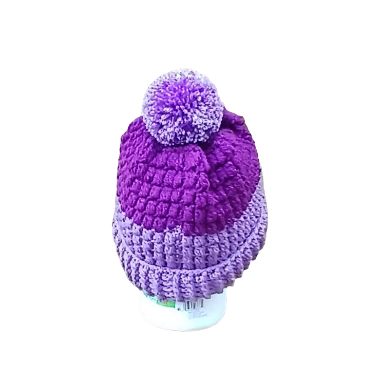 Plum Pop Crochet Beanie – Handmade Two-Tone Purple Hat with Pom Pom