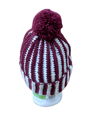 MSU Bulldog Inspired Maroon & White Crochet Beanie – Handmade Pom Pom Hat