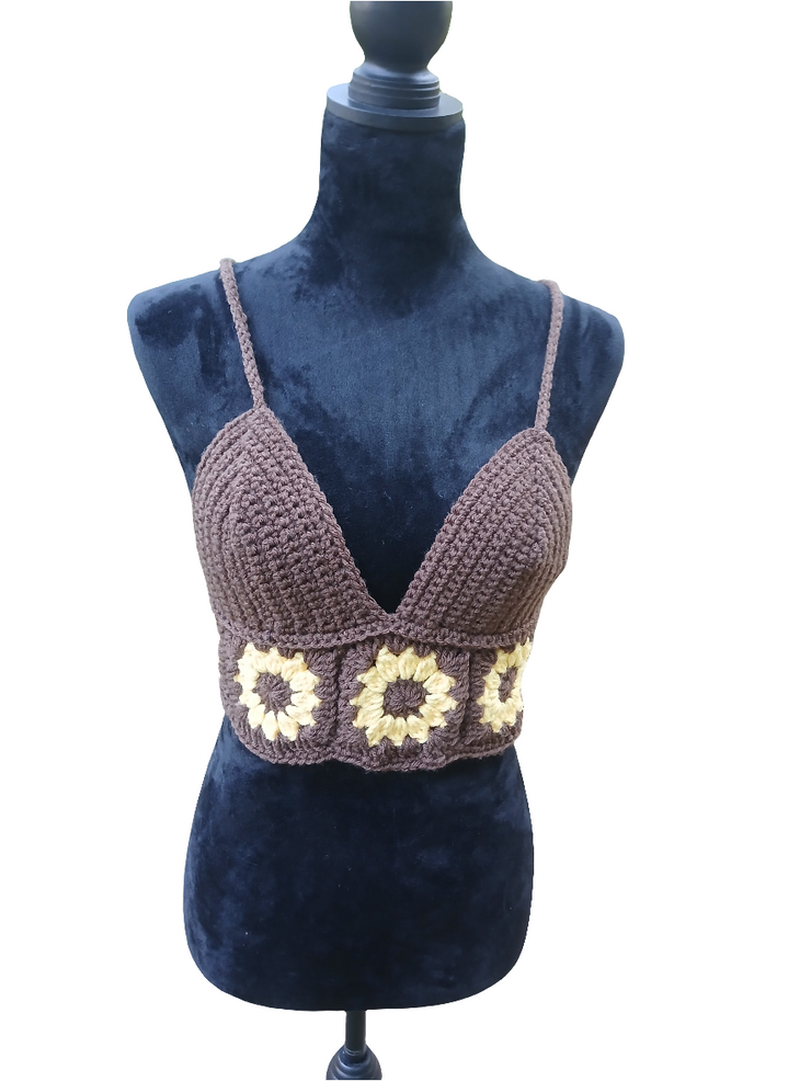 Brown Sugar Sunflower Crochet Top – Handmade Crop Tank with Granny Square Sunflower Design