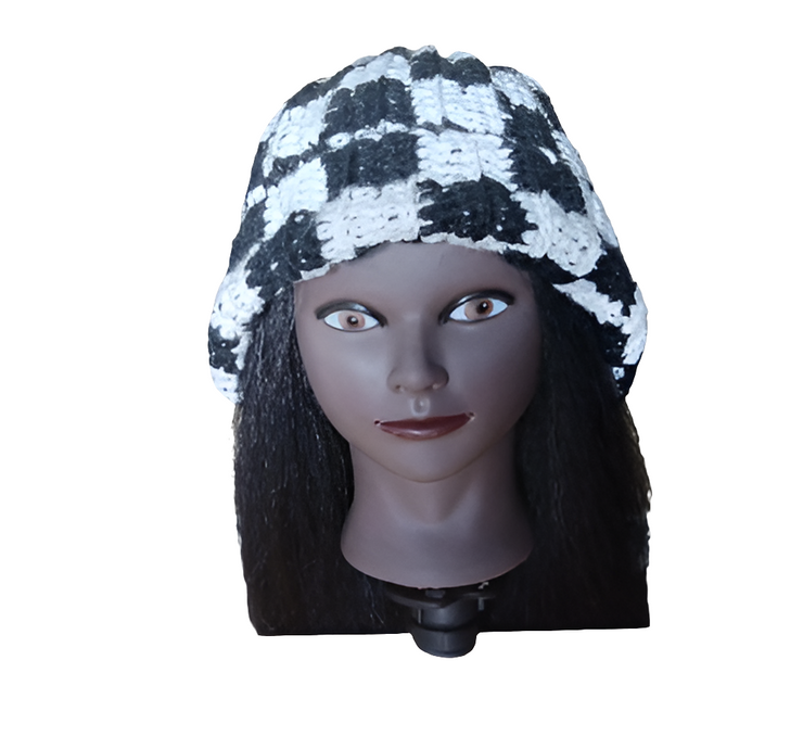 Hand-Crocheted Black and White Checkered Beanie - Cozy and Stylish Winter Hat