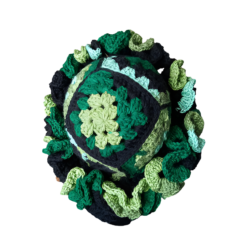 Handmade Granny Square Ruffle Hat, Crochet Hat, Black and Green Hat, Unique Beanie, Fashion Accessory, Gift to Her
